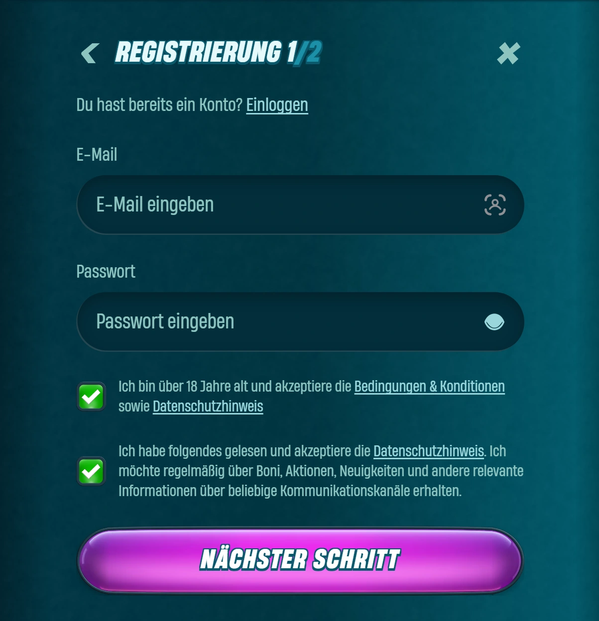 Caspero Login und Registrierung
